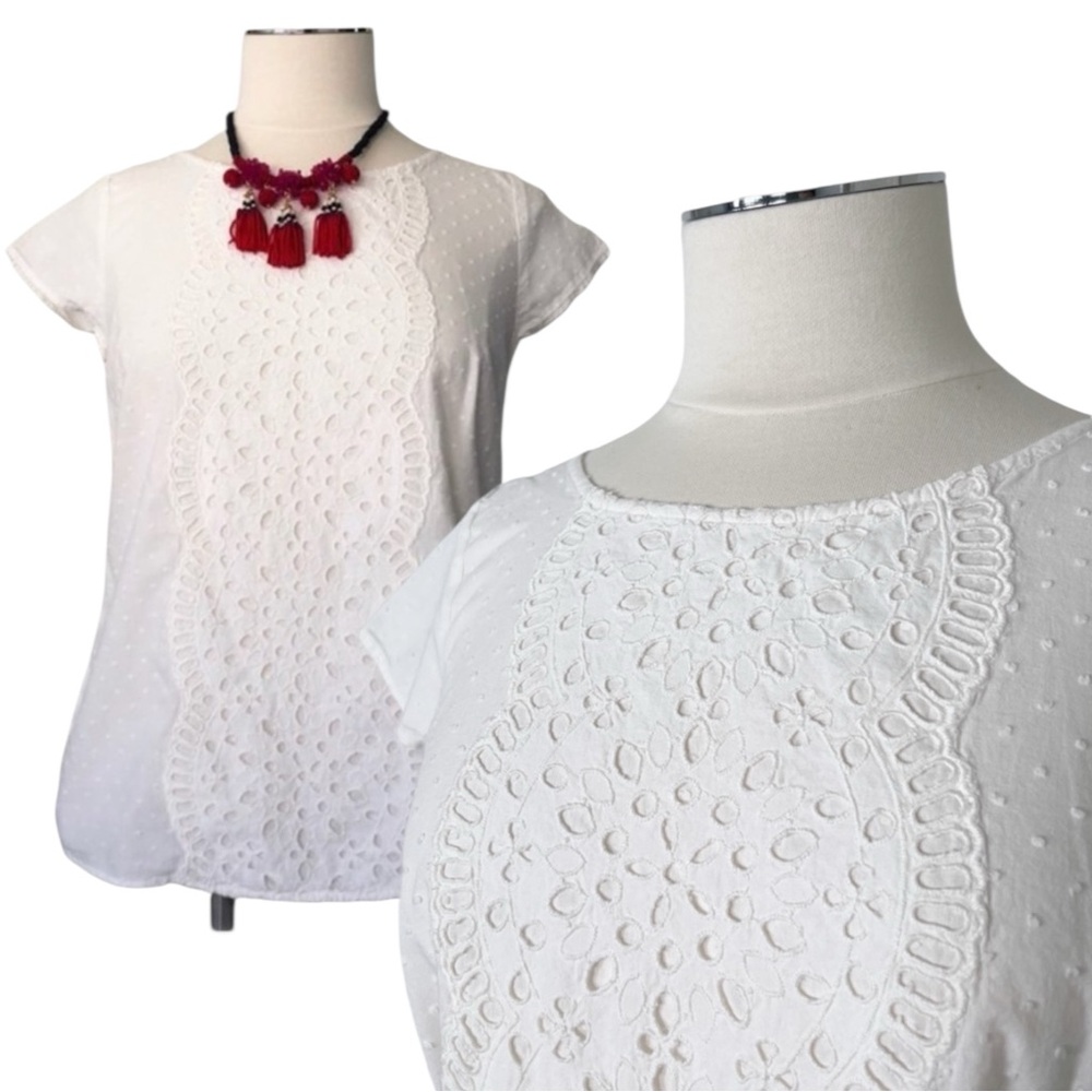 LOFT Petite Cotton Embroidered Swiss Dot Blouse Short Sleeve White Sz SP